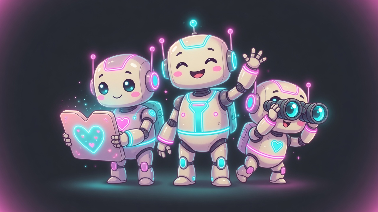 Cute neon robot crew: capture, welcome, and scout